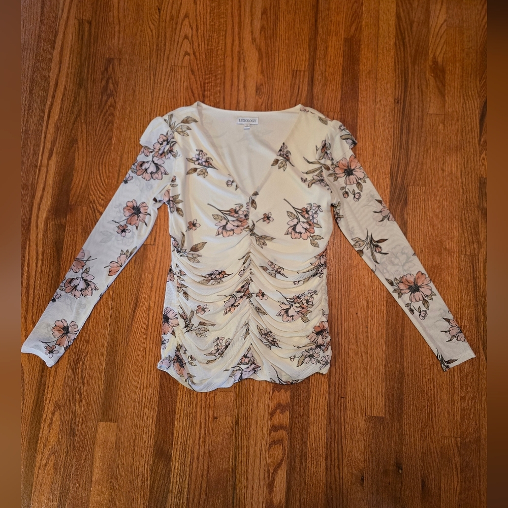 Luxology Floral Ruched Blouse - Cream and Pink
